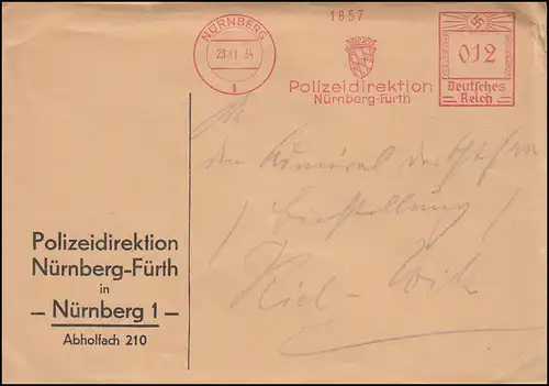 AFS Direction de police Nuremberg-Fürth / Nurenberg 23.11.34 sur lettre à Kiel-Wik