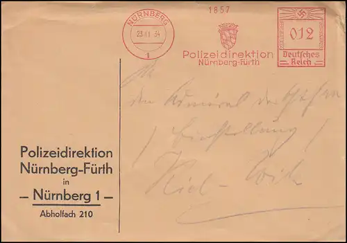 AFS Polizeidirektion Nürnberg-Fürth / Nürnberg 23.11.34 auf Brief nach Kiel-Wik