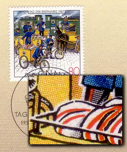 1337 Tag der Briefmarke 1987 mit PLF gebrochener Postsack / Feld 20, amtl. ETB