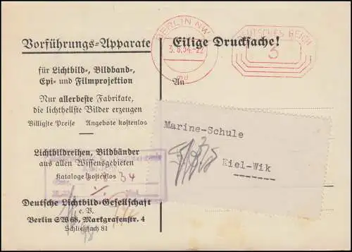 AFS Berlin NW 3 Pfennig 3.8.34 sur carte publicitaire à double effet