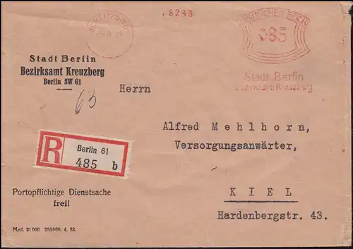 AFS Stadt Berlin Bezirksamt Kreuzberg Berlin SW 61 - 5.9.33, R-Brief nach Kiel