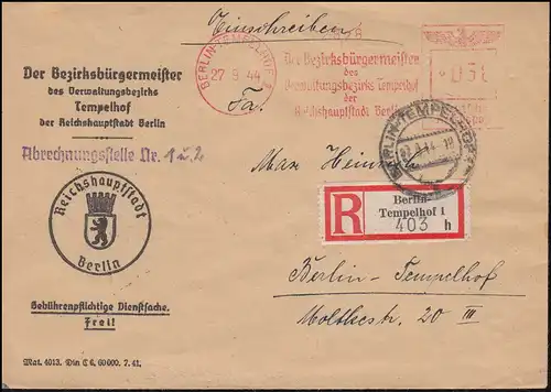 AFS Der Bezirksbürgermeister von Berlin-Tempelhof 27.9.44 auf Orts-R-Brief