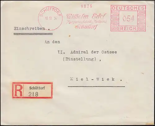 AFS Wilhelm Edel Margarinefabrik und Molkerei SCHÜTTORF 10.10.34 auf R-Brief