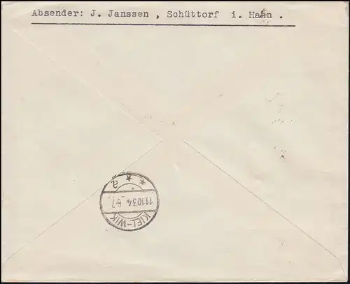 AFS Wilhelm Edel Margarinefabrik und Molkerei SCHÜTTORF 10.10.34 auf R-Brief