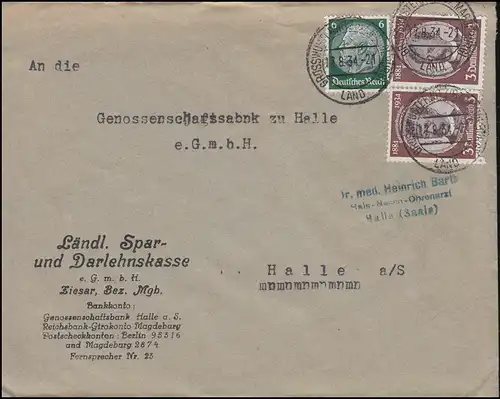 540 Lüderitz en couple avec 516X Hindenburg comme lettre MiF GROSWUSTERWITZ 17.8.34