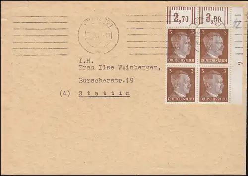 782 Freimarke als ER-Viererblock oben rechts Druckerzeichen 2 auf Brief aus Wien