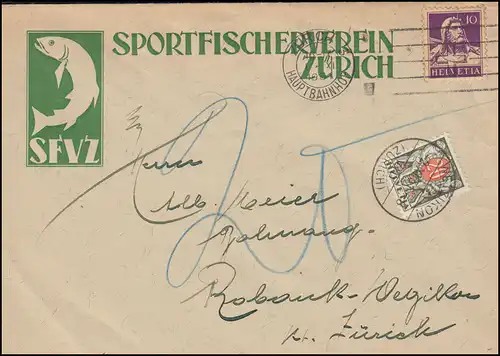Schweiz 118 Tell mit Portomarke P 37 auf Brief Sportfischerverein ZÜRICH 1.11.31