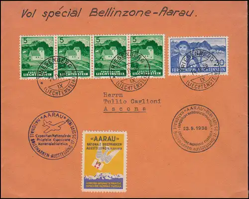 Vol spécial Aarau-Bellin Exposition des timbres Aragau Bf. RIESENBERG 14.9.38