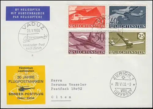 mit Hubschrauber Liechtenstein 391-394 Brief VADUZ SSt Helikopter-Post 28.5.1960