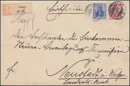 86I+87I Germania-MiF auf R-Brief ZOPPOT 8.1.1912 nach NEUSTADT (WESTPR.) 8.1.12