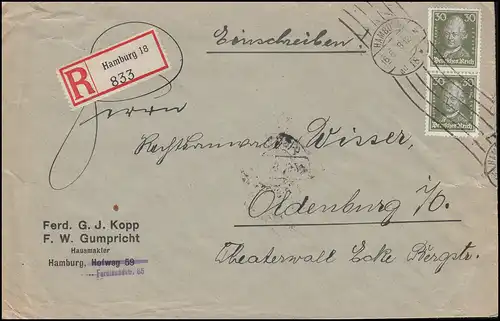 394 Lessing im senkrechten Paar als MeF auf R-Brief HAMBURG 16.6.1928