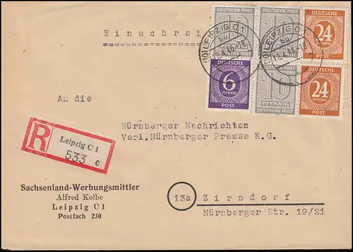 SBZ 131Y 10 Pf. grau dreifach mit ZF auf R-Brief LEIPZIG 18.4.46