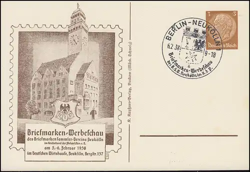 PP 122 Briefmarken-Werbeausstellung passender SSt BERLIN-NEUKÖLLN Wappen 6.2.38