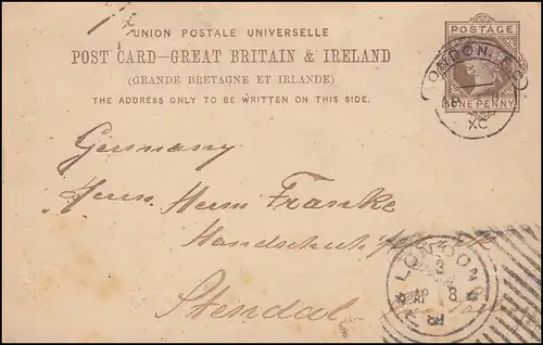 Großbritannien Postkarte P 18 Königin Viktoria aus LONDON 8.4.1889 nach Stendal