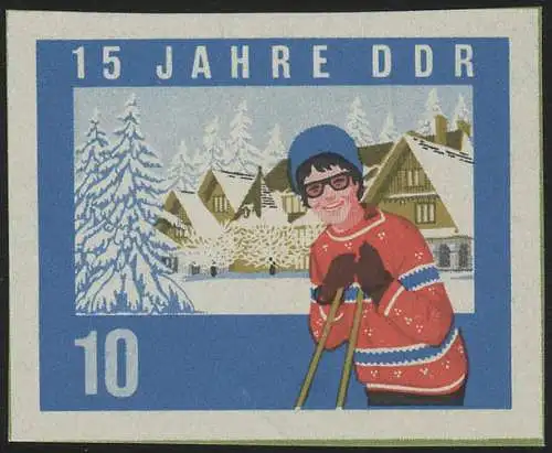 1069B DDR Winterurlauberin 10 Pf, UNGEZÄHNT, ** ohne Gummi