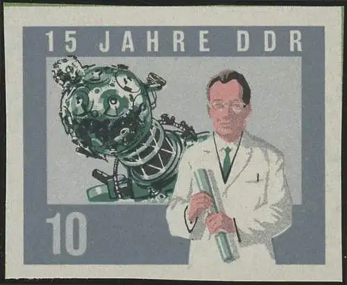 1070B DDR Wissenschaftler 10 Pf, UNGEZÄHNT, ** ohne Gummi