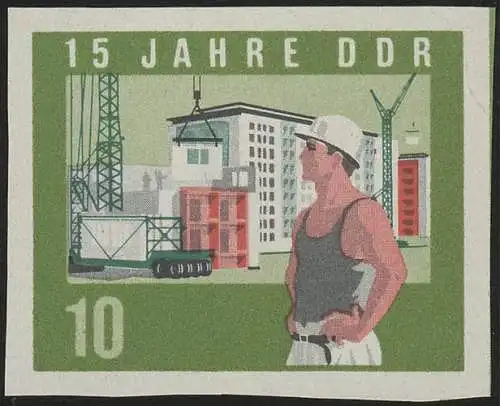 1072B DDR Bauarbeiter 10 Pf, UNGEZÄHNT, ** ohne Gummi