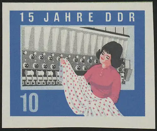 1073B DDR Textilarbeiterin 10 Pf, UNGEZÄHNT, ** ohne Gummi