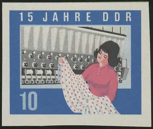 1073B DDR Textilarbeiterin 10 Pf, UNGEZÄHNT, ** ohne Gummi