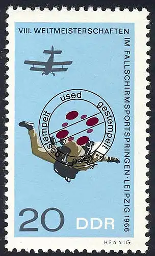 1195 WM Fallschirmspringen Figurensprung 20 Pf O gestempelt