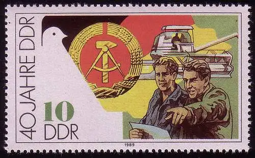 3280 DDR 10 Pf 1989 Genossenschaftsbauer / Mähdrescher, postfrisch **