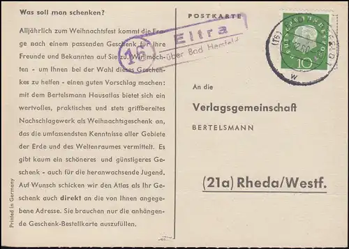 Landpost Eltra über BAD HERSFELD 5.12.1960 auf Postkarte nach Rheda