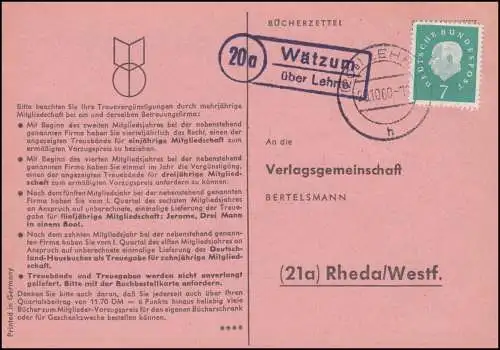 Landpost Wätzum über LEHRTE 20.10.1960 auf Postkarte nach Rheda
