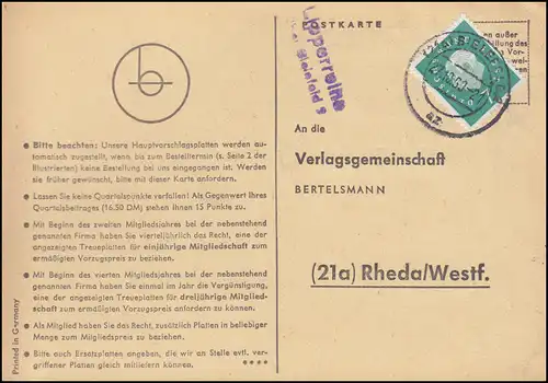 Landpost Lipperreihe über BIELEFELD 27.10.1960 auf Postkarte nach Rheda