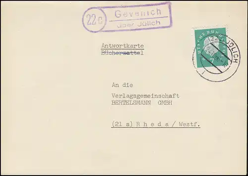 Landpost Gevenich über JÜLICH 24.10.1960 auf Postkarte nach Rheda