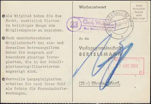 Landpost Groß Wohnste über SCHEEßEL (BZ BRM) 22.8.1960 auf Postkarte nach Rheda