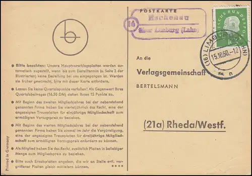 Landpost Eschenau über LIMBURG (LAHN) 15.10.1960 auf Postkarte nach Rheda