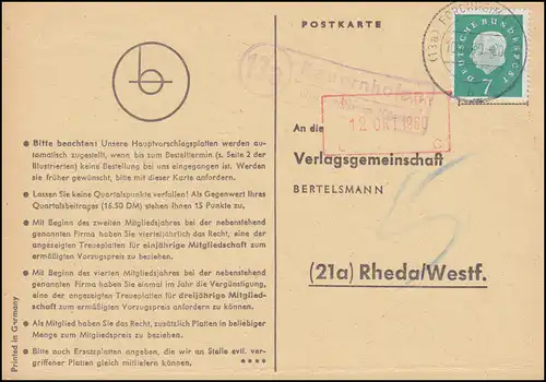 Landpost  Kauernhofen über FORCHHEIM (OBERFR.) 10.10.60 auf Postkarte nach Rheda