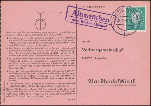 Landpost Altenrüthen über RÜTHEN (MÖHNE) 24.10.1960 - Postkarte nach Rheda
