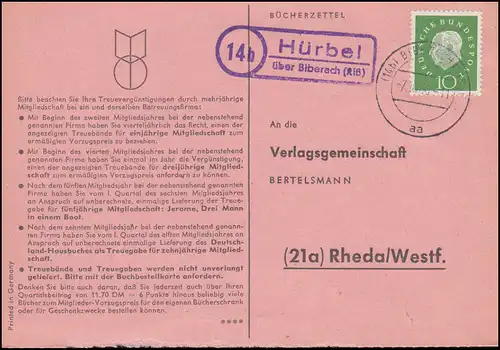 Landpost Hürbel über BIBERACH (RISS) 7.10.1960 auf Postkarte nach Rheda