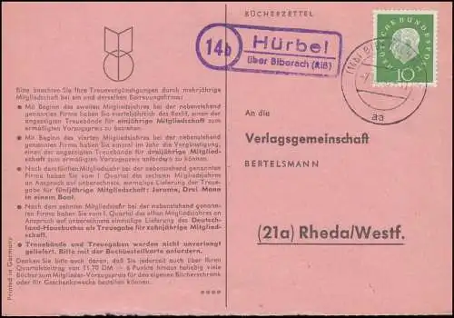 Pays-Bas: Hürbel via BIBERACH (RISS) 7.10.1960 sur carte postale vers Rheda