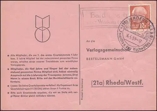 Landpost Bardenbach über Wadern (Saar), Postkarte SSt WADERN 14.5.59 nach Rheda