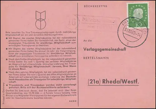 Landpost Mittelaschenbach über HÜNFELD 31.01.1960 auf Postkarte nach Rheda