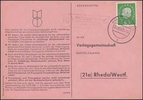 Landpost Mittelaschenbach über HÜNFELD 31.01.1960 auf Postkarte nach Rheda