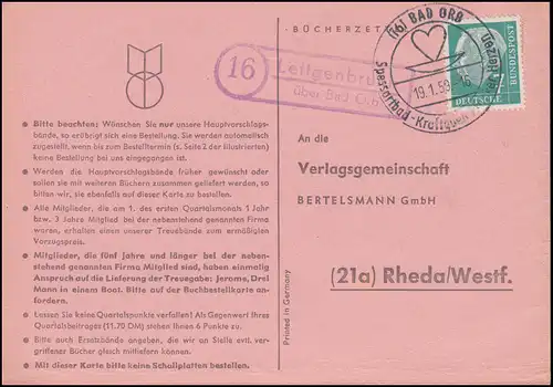 Landpost Lettgenbrunn über Bad Orb auf Postkarte SSt BAD ORB 19.1.59 nach Rheda