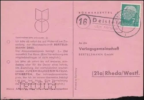 Landpost Deisfeld über KORBACH 17.1.1957 auf Postkarte nach Rheda