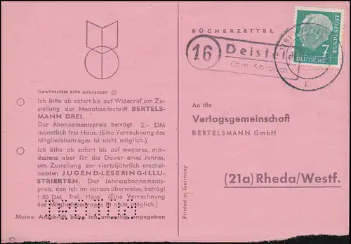 Pays-Bas Post Deisfeld via KORBACH 17.1.1957 sur carte postale vers Rheda