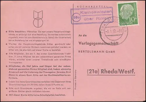 Landpost Kleinenwieden über RINTELN 3.1.1959 auf Postkarte nach Rheda