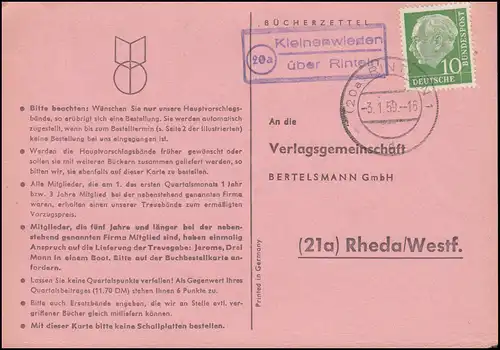 Landpost Kleinenwieden via RINELN 3.1.1959 sur carte postale à Rheda