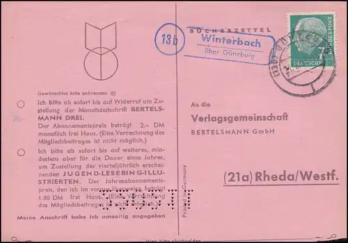 Landpost Winterbach über GÜNZBURG 21.2.1957 auf Postkarte nach Rheda