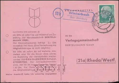 Landpost Winterbach über GÜNZBURG 21.2.1957 auf Postkarte nach Rheda