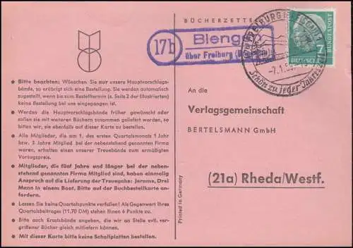 Landpost Biengen sur Fribourg (Breisgau) sur carte postale FREIBURG 7.1.1959