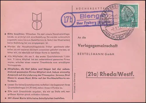 Landpost Biengen über Freiburg (Breisgau) auf Postkarte FREIBURG 7.1.1959
