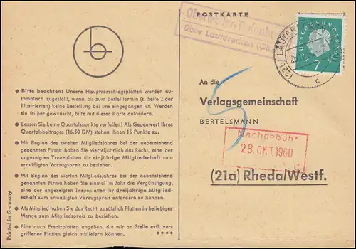 Landpost Oberweiler-Tiefenbach über LAUTERECKEN (GLAN) 26.10.1960 auf Postkarte