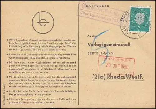 Landpost Oberweiler-Tiefenbach über LAUTERECKEN (GLAN) 26.10.1960 auf Postkarte