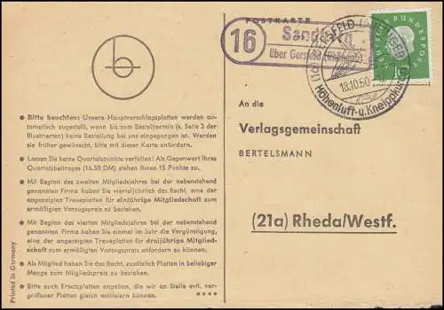 Landpost Sandberg über Gersfeld (Rhöngeb.) auf Postkarte SSt GERSFELD 18.10.1960